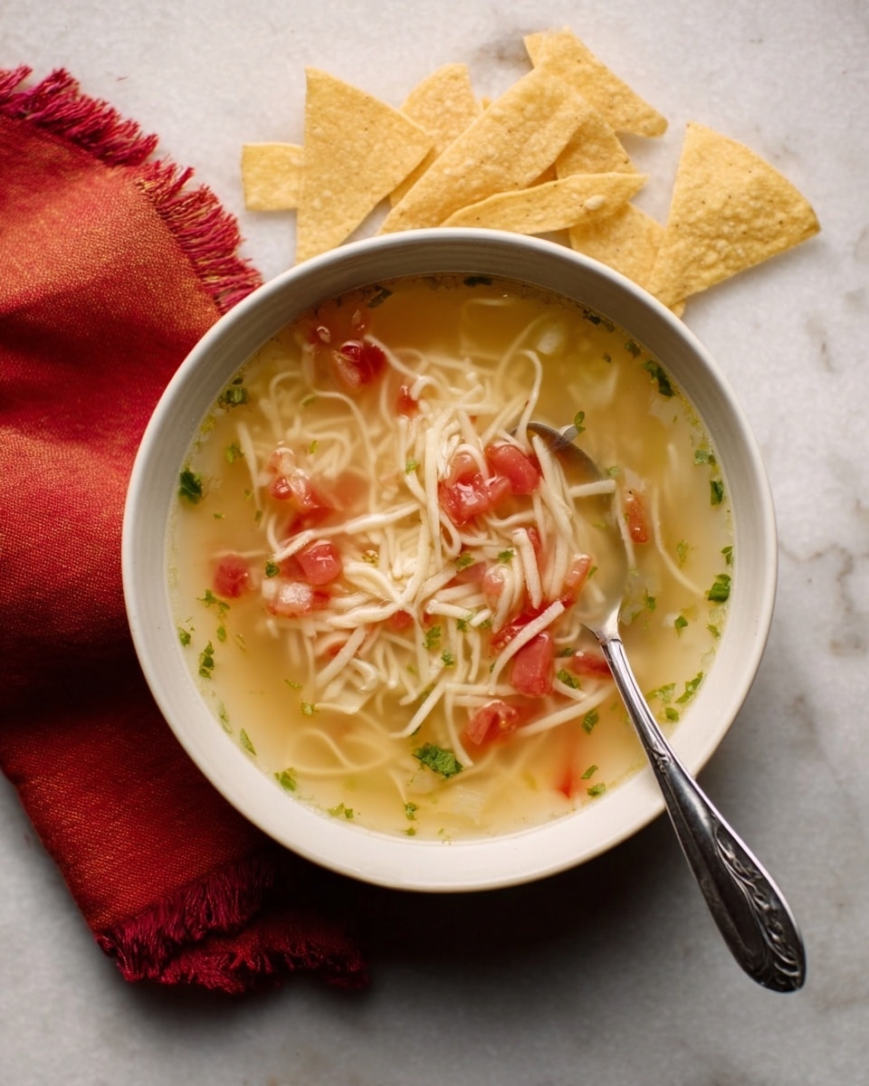A white bowl filled with light broth soup containing thin flat noodles, small pieces of red tomato, and green celery bits floating on top. A spoon is resting inside the bowl with the handle pointing out. Beside the bowl are light, crispy tortilla strips arranged loosely on the white marbled surface. On the left side, there is a soft red cloth overlapping the surface. The photo taken with an iphone --ar 4:5 --v 7