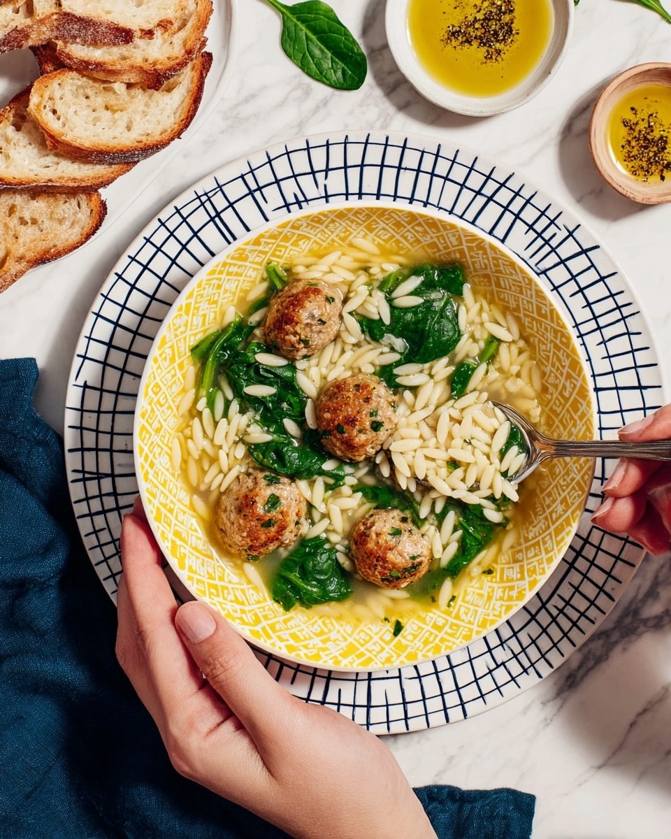 A white bowl with a yellow patterned inside holds a dish with three layers: the bottom layer is a clear broth, the second layer has white orzo pasta grains scattered around, and the top layer has golden-brown meatballs and fresh bright green spinach leaves placed evenly on top. A woman's hand holds the bowl from the left side, and another woman's hand is lifting a spoonful of orzo and broth from the right side. The bowl sits on a white plate with a blue grid pattern, which is on a white marbled textured surface. Around the plate, there are slices of toasted bread, a bowl with olive oil and black pepper, and a plate with spinach leaves. A dark blue napkin is partly under the bowl. photo taken with an iphone --ar 4:5 --v 7