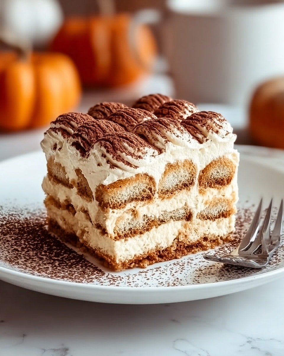 A square slice of tiramisu sits in the middle of a white plate on a white marbled surface. The dessert has four visible layers of light brown soaked ladyfingers inside, alternating with four thick layers of creamy white mascarpone, the top layer swirled with fluffy cream and dusted with fine dark cocoa powder. Cocoa powder is also sprinkled lightly around the base on the plate. A silver fork lies next to the tiramisu slice. In the blurry background, warm orange pumpkins add a soft tone. photo taken with an iphone --ar 4:5 --v 7