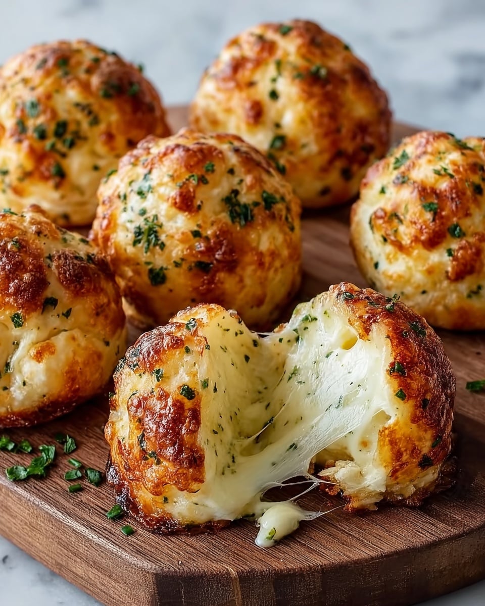 The image shows six golden-brown baked cheese balls resting on a wooden board placed on a white marbled surface. Each cheese ball has a crispy, slightly browned outer layer with flecks of green herbs scattered on the surface, giving a textured and appetizing look. The front cheese ball is broken open, revealing gooey, melted cheese stretching inside with a soft, creamy white interior. The cheese balls are round and plump, with the browned tops showing some bubbling and crisp spots, and small green herb bits are also scattered around the board. Photo taken with an iphone --ar 4:5 --v 7