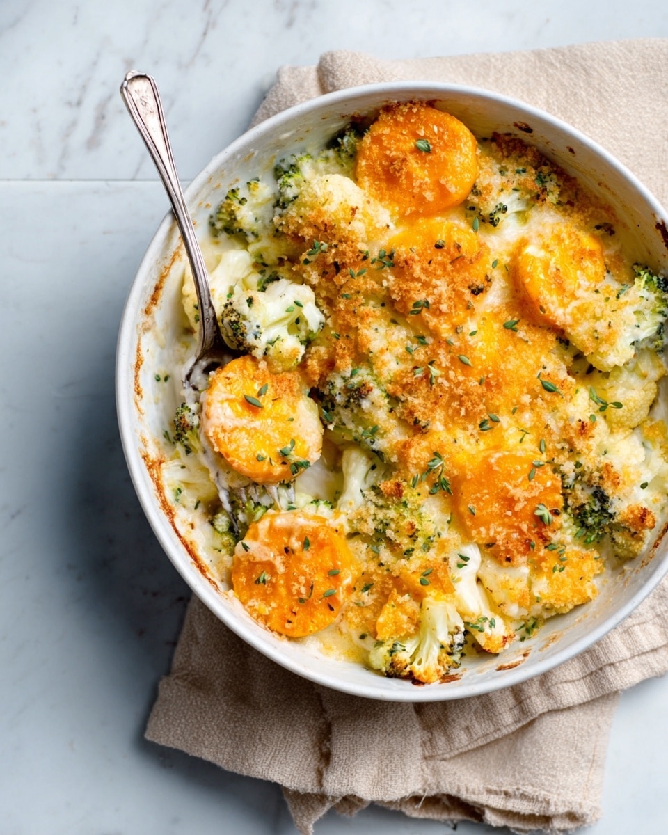 A white bowl filled with a creamy vegetable casserole, showing three main layers: the base layer is tender white cauliflower and green broccoli florets mixed with bright orange carrot cubes, covered by a thick creamy white cheese sauce with hints of melted yellow cheddar, and topped with a golden-brown crispy breadcrumb crust speckled with small green parsley bits. The textures vary from soft and creamy in the lower layers to crunchy on top, with a silver fork placed inside the bowl at the back, all set against a white marbled surface. Photo taken with an iphone --ar 4:5 --v 7