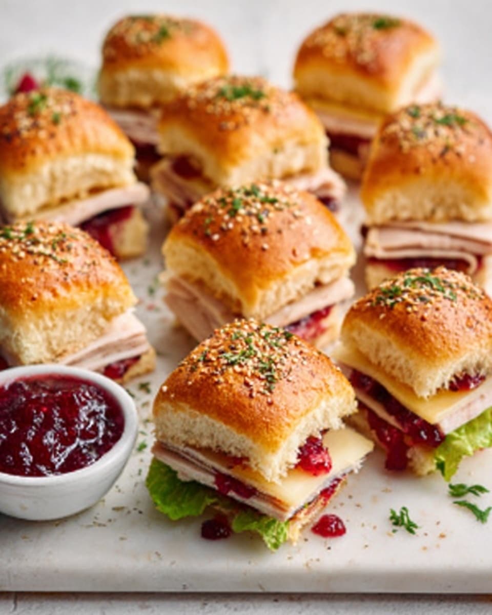 The image shows several small sandwich sliders arranged closely together on a white marbled surface with a small white bowl of red cranberry sauce nearby. Each slider has a soft, golden brown top bun sprinkled with sesame seeds and green herbs. Inside, layers include slices of pale turkey meat, bright red cranberry sauce, a slice of pale yellow cheese, and some green lettuce, creating a colorful contrast. The sliders are cut into bite-sized pieces and positioned to show the distinct layers inside. Photo taken with an iphone --ar 4:5 --v 7