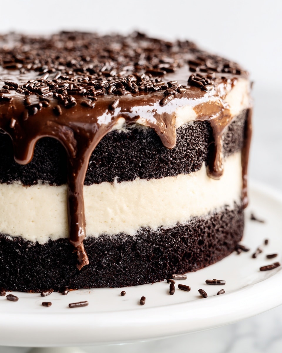 A close-up view of a two-layer chocolate cake with creamy light beige frosting between and around the dark, moist chocolate cake layers. The top of the cake is covered with a smooth, glossy dark chocolate glaze that drips slightly down the sides, decorated with small chocolate sprinkles mostly around the edges. The cake sits on a white plate, all placed on a white marbled surface. photo taken with an iphone --ar 4:5 --v 7