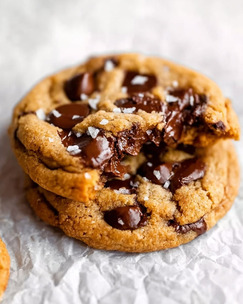 A close-up of two soft, golden-brown chocolate chip cookies stacked on a crinkled white paper. The top cookie has a bite taken out, showing a gooey, dark brown melted chocolate center inside. Both cookies are loaded with shiny, dark chocolate chips scattered on the surface, along with a light sprinkle of white sea salt flakes adding texture. The background is a white marbled texture, softly blurred to keep the focus on the warm, freshly baked cookies in the foreground. Photo taken with an iphone --ar 4:5 --v 7