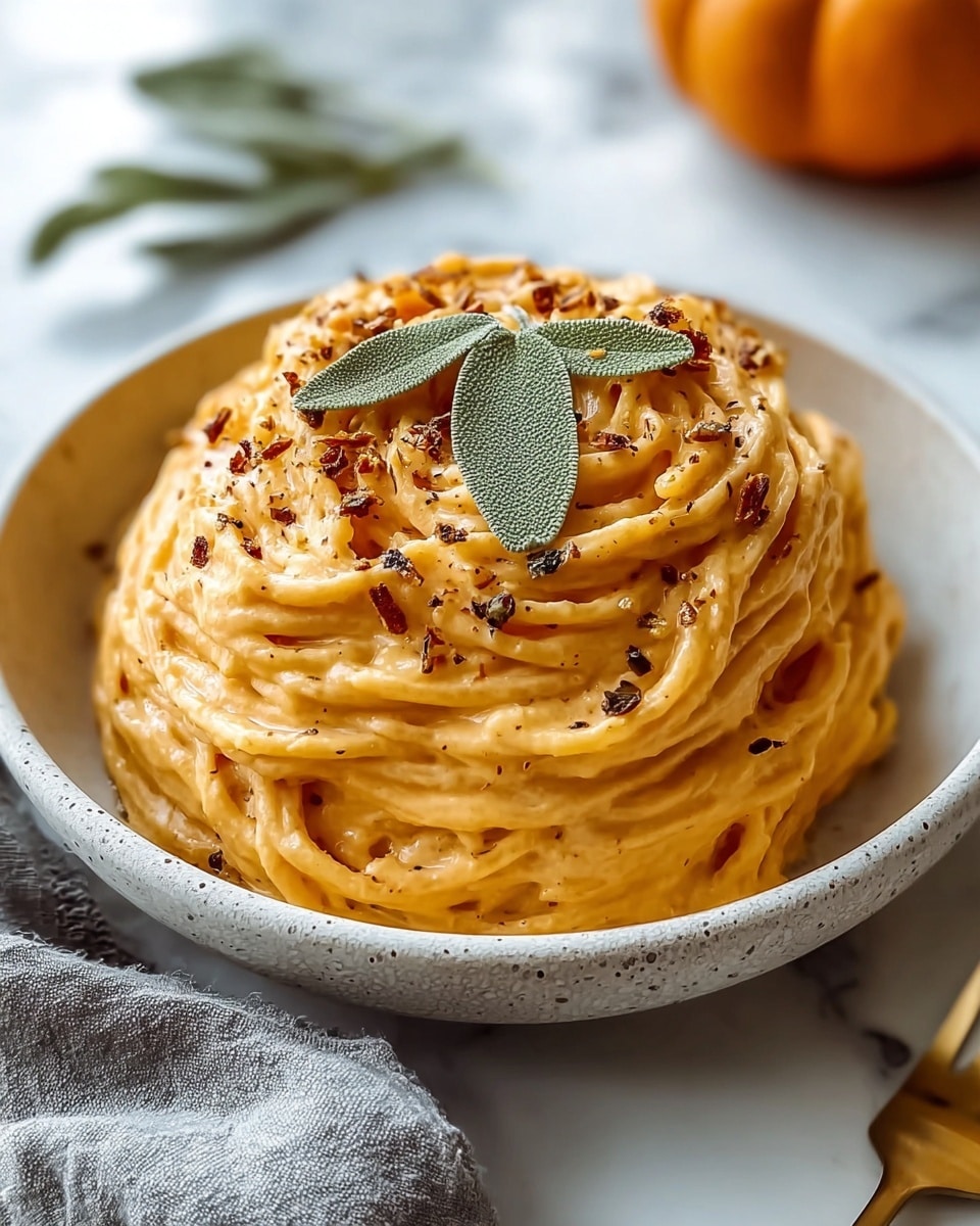 A round white speckled bowl holds a mound of creamy orange spaghetti pasta, swirled into three thick layers that create a soft, textured look. The top layer of pasta is sprinkled with dark ground pepper and small toasted brown bits, adding contrast to the smooth orange sauce coating the noodles. Centered on top are three small green sage leaves, adding a fresh, natural touch. The bowl sits on a white marbled surface, with a soft gray cloth partially visible in the bottom left corner and a blurry orange pumpkin in the background. A bronze fork lies to the right of the bowl. photo taken with an iphone --ar 4:5 --v 7
