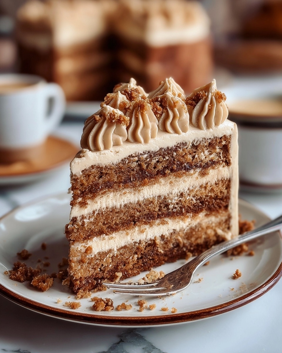 A close-up of a slice of three-layered brown cake with light brown creamy frosting between each layer and on top, decorated with swirled frosting peaks and small crumbles scattered on the frosting. The cake sits on a white plate with a brown rim, with crumbs around it and a silver fork resting beside the slice. The background shows a blurred whole cake of the same kind and a cup of coffee, all set against a white marbled surface. photo taken with an iphone --ar 4:5 --v 7