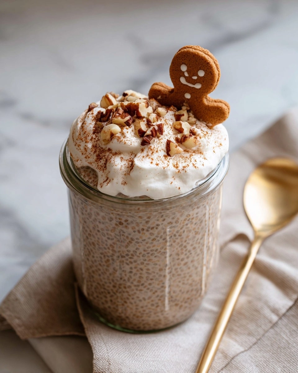 The image shows a glass jar filled with light brown chia pudding that has a speckled texture, taking up most of the jar. On top, there is a thick layer of white whipped cream dusted with light brown cinnamon powder. Small pieces of chopped nuts, like walnuts and almonds, are scattered over the whipped cream, and a small gingerbread cookie shaped like a person is stuck into the whipped cream at the back edge of the jar. The jar is placed on a soft light beige cloth with a gold spoon next to it, all resting on a white marbled surface. Photo taken with an iphone --ar 4:5 --v 7