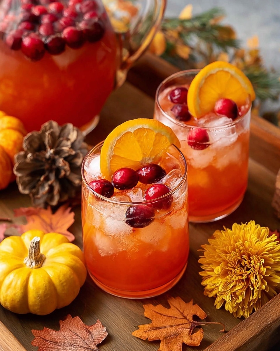 Two short glasses filled with orange-red drink and ice cubes sit on a wooden tray. Each glass has a large slice of bright orange placed inside along the rim, with several shiny red cranberries floating on top. Around the glasses are small yellow pumpkins, brown pine cones, a yellow pom-pom flower, and decorative yellow and brown leaf shapes. The background shows a clear pitcher filled with a similar orange drink and cranberries. The scene has warm, cozy autumn colors. Photo taken with an iphone --ar 4:5 --v 7