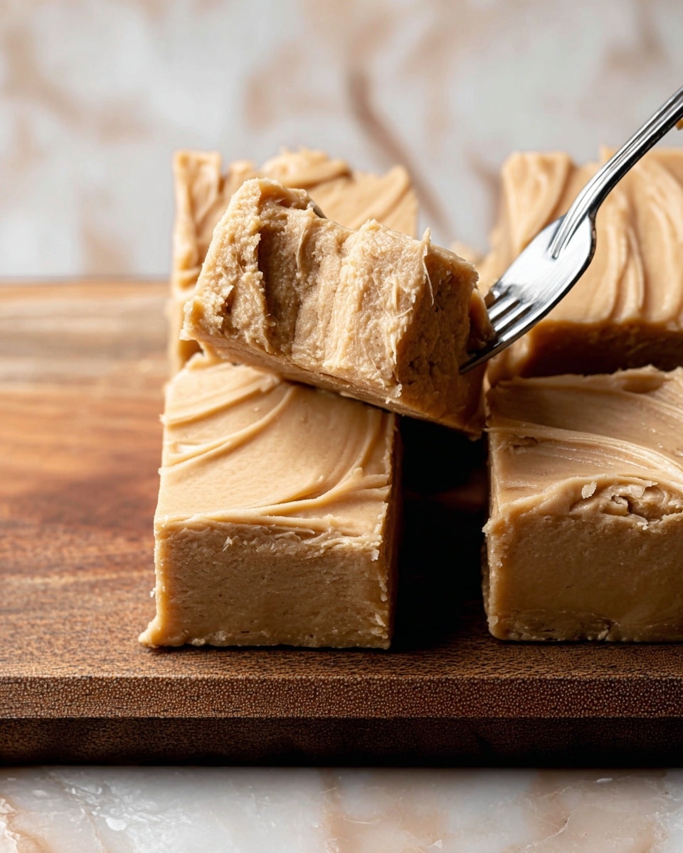The image shows a close-up of thick, creamy peanut butter fudge cut into four square pieces on a wooden cutting board. Each piece has one visible layer of smooth, light tan fudge with a soft, slightly swirled texture on top. A woman’s hand is holding a metal fork lifting one piece of fudge, showing its dense, moist interior. The background is a white marbled texture. Photo taken with an iphone --ar 4:5 --v 7