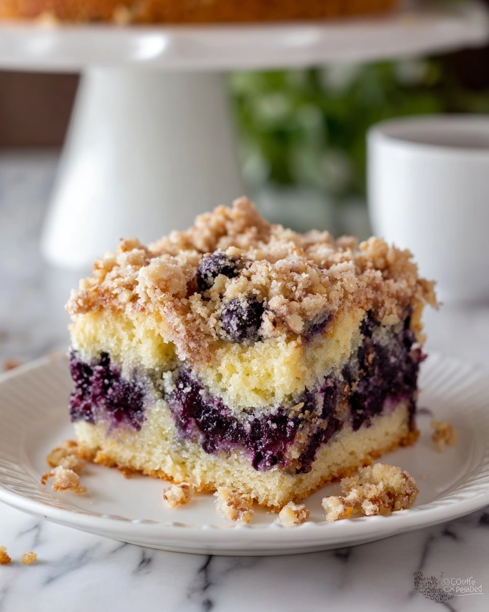 A square piece of blueberry crumb cake sits on a white plate over a white marbled surface. The cake has three clear layers: the bottom layer is deep purple with baked blueberries, the middle layer is light yellow and fluffy cake with pieces of blueberries inside, and the top layer is a crumbly, golden-brown streusel topping with small bits of nuts. There are some crumbs scattered around the cake on the plate. In the background, part of a white cake stand with more crumb cake is slightly blurred. Photo taken with an iphone --ar 4:5 --v 7
