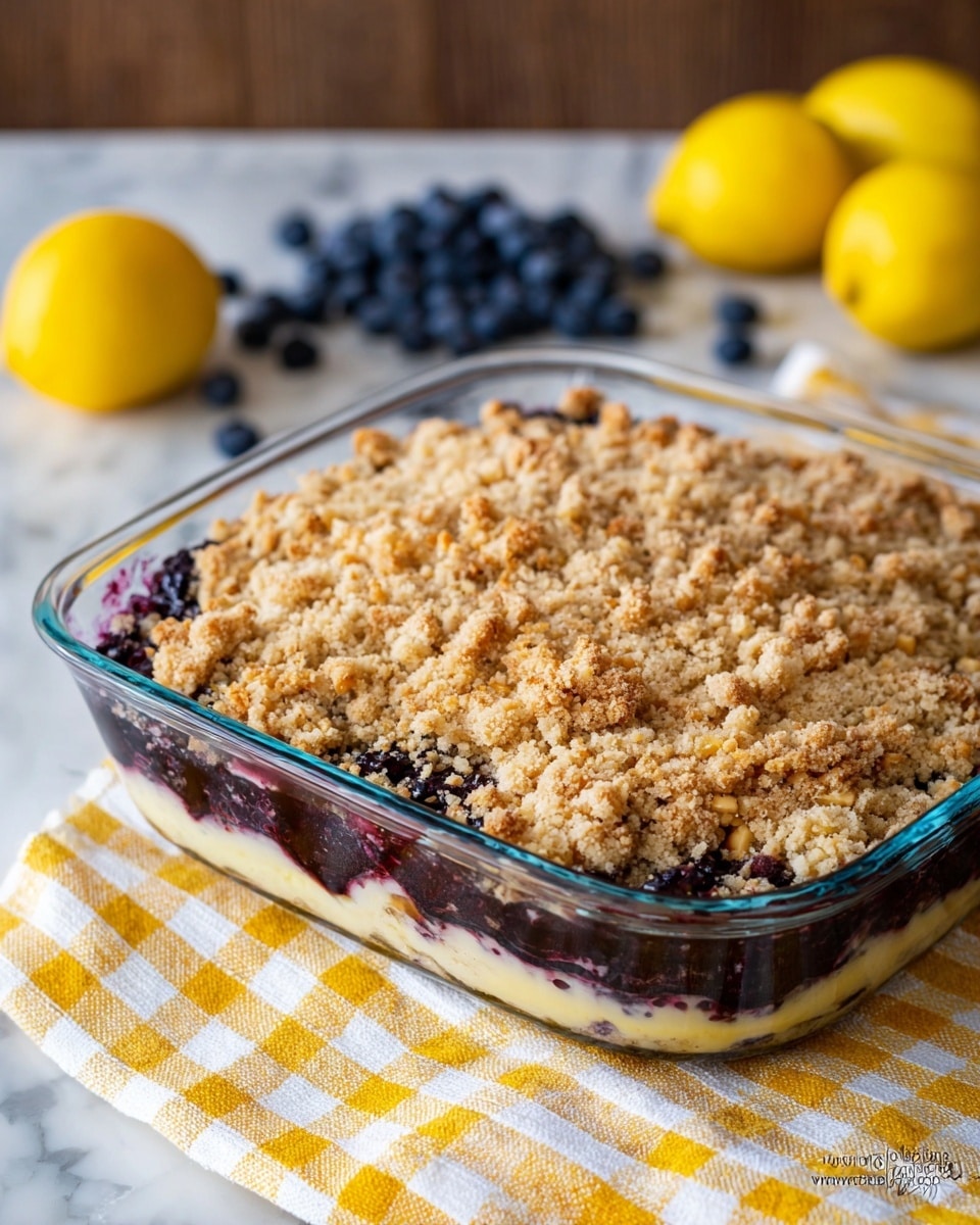 The image shows a glass baking dish filled with a three-layer dessert. The bottom layer is dark purple and looks like cooked blueberries. The middle layer is light cream with a smooth texture, visible just below the crumb topping. The top layer is a golden brown crumb crust made of small, crispy crumbs with a rough texture and bits of chopped nuts. The dish is placed on a white and yellow checked cloth on a white marbled surface, with fresh blueberries and two yellow lemons scattered in the blurred background. Photo taken with an iphone --ar 4:5 --v 7