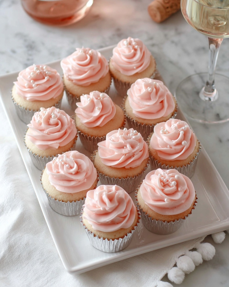A white rectangular plate holds nine cupcakes arranged in a 3x3 grid, each cupcake wrapped in silver foil liners. Each cupcake has a smooth, light beige base topped with a swirl of soft pink frosting that forms a flower-like shape, decorated with small pearl-like sprinkles. The plate is placed on a white marbled surface next to a white cloth with pom-pom edges. In the background, there is a cork and a glass of white wine with a thin stem. photo taken with an iphone --ar 4:5 --v 7