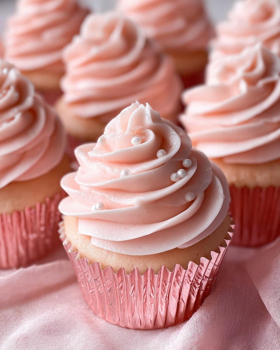 The image shows several light pink cupcakes in shiny pink foil wrappers placed on a soft pink cloth. Each cupcake has a single layer of pale pink soft frosting swirled on top, forming a smooth, thick spiral with gentle ridges, decorated with small white pearl-like sprinkles. The cupcakes have a light beige color, and the background is softly blurred, focusing closely on the frosted tops and wrappers. photo taken with an iphone --ar 4:5 --v 7