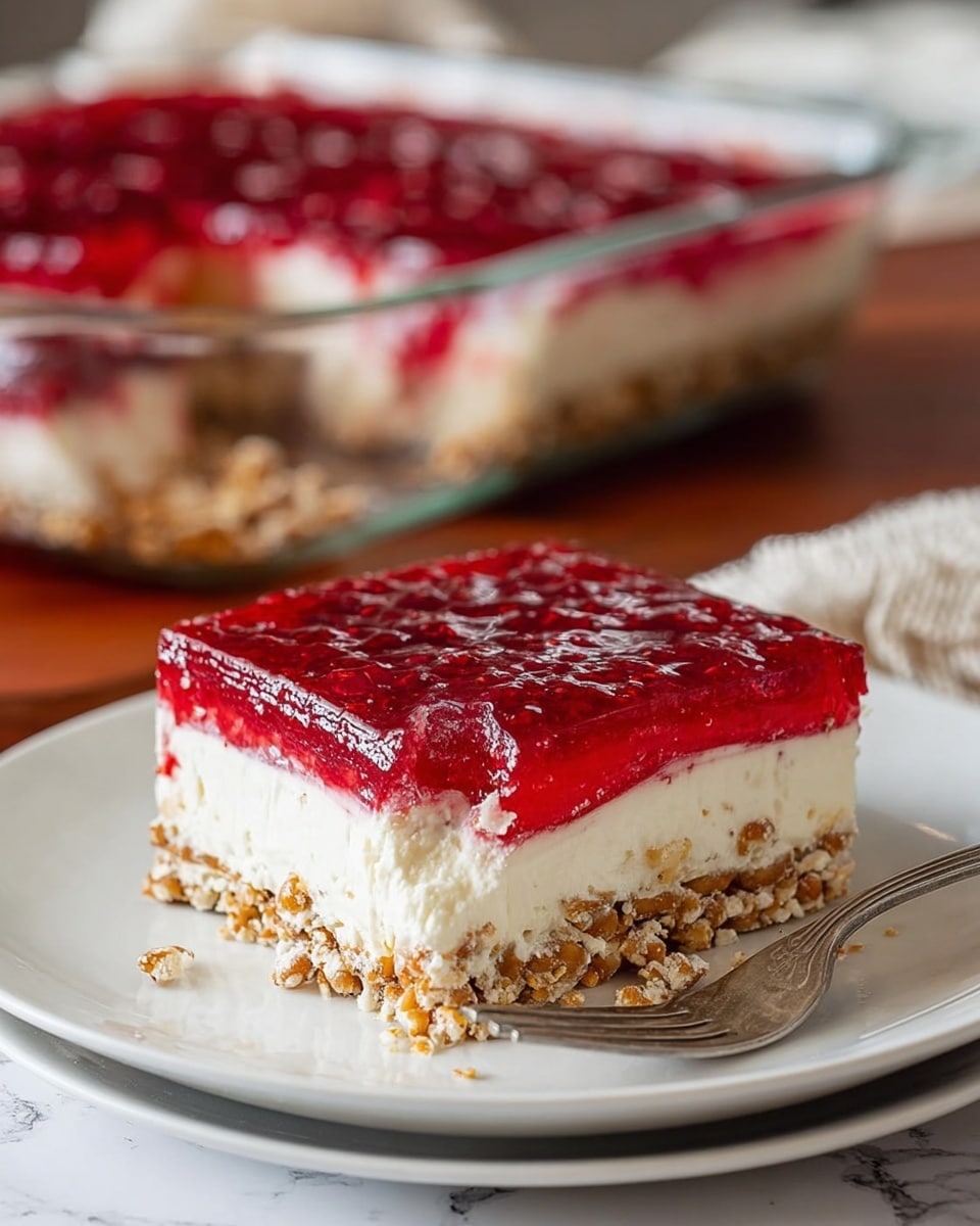A clear square glass dish shows a layered dessert with four visible layers. The bottom layer is light brown with a crumbly texture like crushed pretzels. On top of that is a thick, smooth white creamy layer. Above it is a bright red gelatin layer with small raspberries mixed in. The top layer is a glossy deep red raspberry topping with whole raspberries and a shiny surface. The dish is placed on a white marbled surface with soft focus stacks of white bowls and a white cloth in the background. Photo taken with an iphone --ar 4:5 --v 7