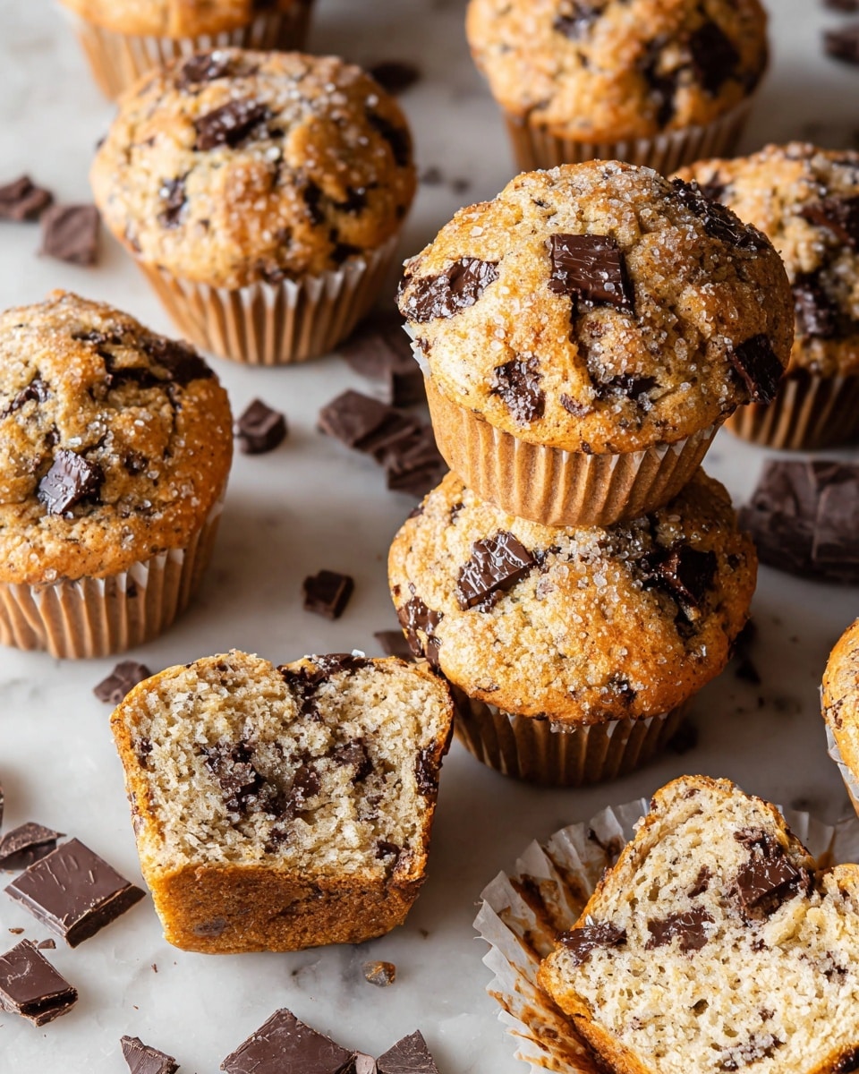 The image shows a group of golden-brown chocolate chip muffins with a rough, cracked top surface sprinkled with coarse sugar crystals and large, dark chocolate chunks. Some muffins are whole, standing tall with visible white paper liners at their bases, while others are broken in half, revealing a soft, moist, light tan inside dotted with melted chocolate pieces. The muffins are placed directly on a white marbled surface with scattered chocolate chunks around them. The texture looks crumbly and tender with a slightly crispy top. Photo taken with an iphone --ar 4:5 --v 7