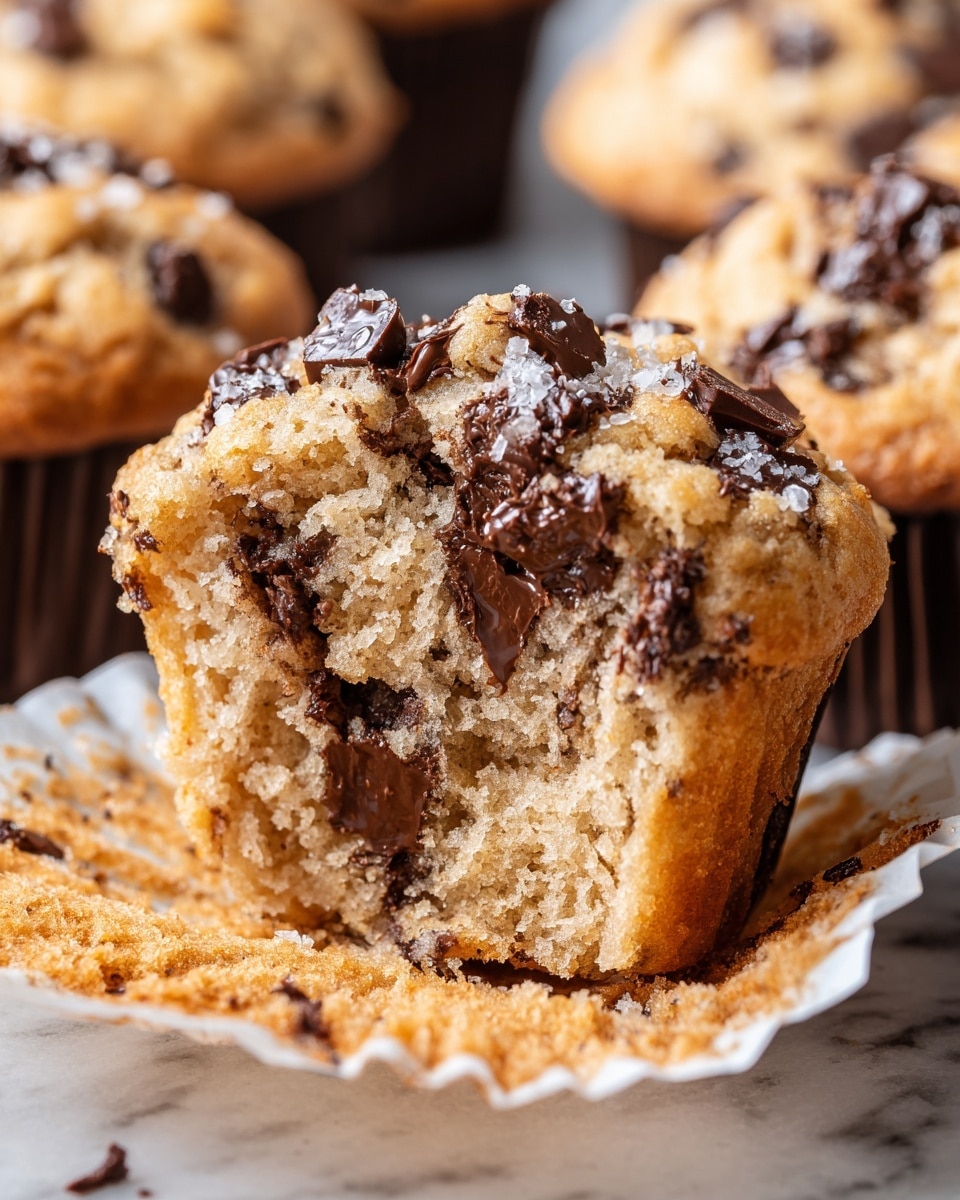 A close-up of a muffin broken in half, showing its soft, light brown, crumbly inside with melted dark brown chocolate chips scattered throughout. The muffin top is rough and crunchy with chunky dark brown chocolate pieces and a few shiny white sugar crystals on top. The muffin is wrapped in a white paper liner that is slightly peeled back, resting on a white marbled textured surface with more muffins blurred in the background. photo taken with an iphone --ar 4:5 --v 7