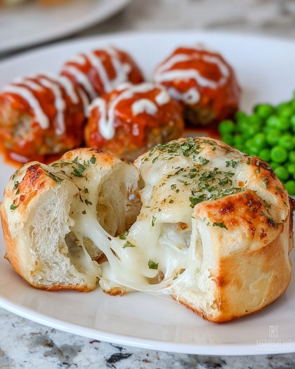 The image shows a white plate with two cheese-filled bread rolls that are golden brown on top and sprinkled with green herbs. One roll is cut open, revealing stretchy, melted white cheese inside, with the soft, fluffy bread around it. Behind the rolls, there are several meatballs coated in a shiny red sauce and drizzled with white sauce. On the far side of the plate, there is a small pile of bright green peas. The plate sits on a white marbled surface. photo taken with an iphone --ar 4:5 --v 7