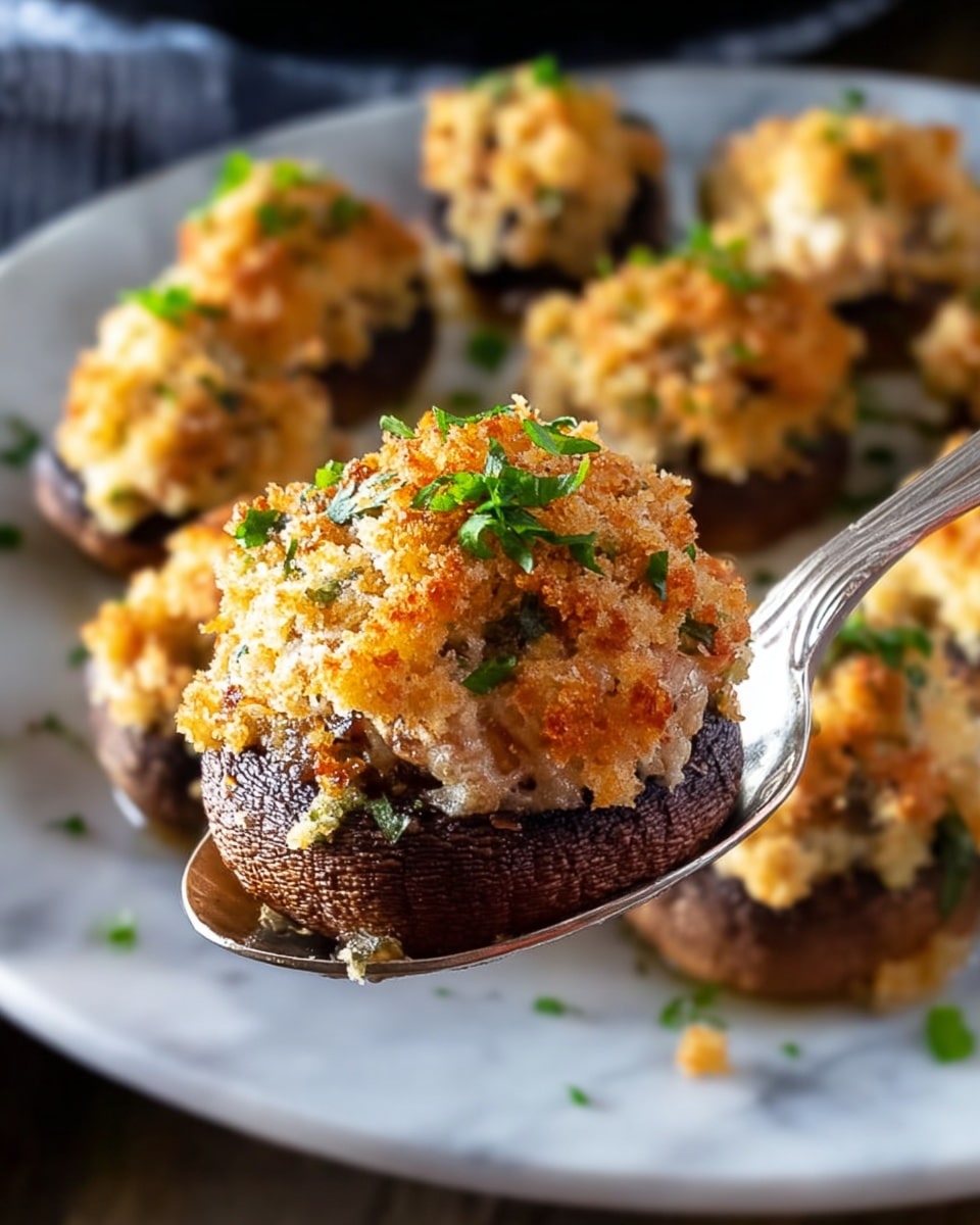 A close-up shows a stuffed mushroom held on a silver spoon, focusing on the single mushroom in the foreground. The mushroom base is dark brown with a soft texture, topped with a crumbly, golden-brown, toasted breadcrumb layer mixed with bits of green herbs, giving a crunchy look. Behind it, there is a white plate filled with similar stuffed mushrooms, showing multiple layers of the dark mushroom caps topped with the golden breadcrumb mixture, all resting on a white marbled surface. The photo taken with an iphone --ar 4:5 --v 7