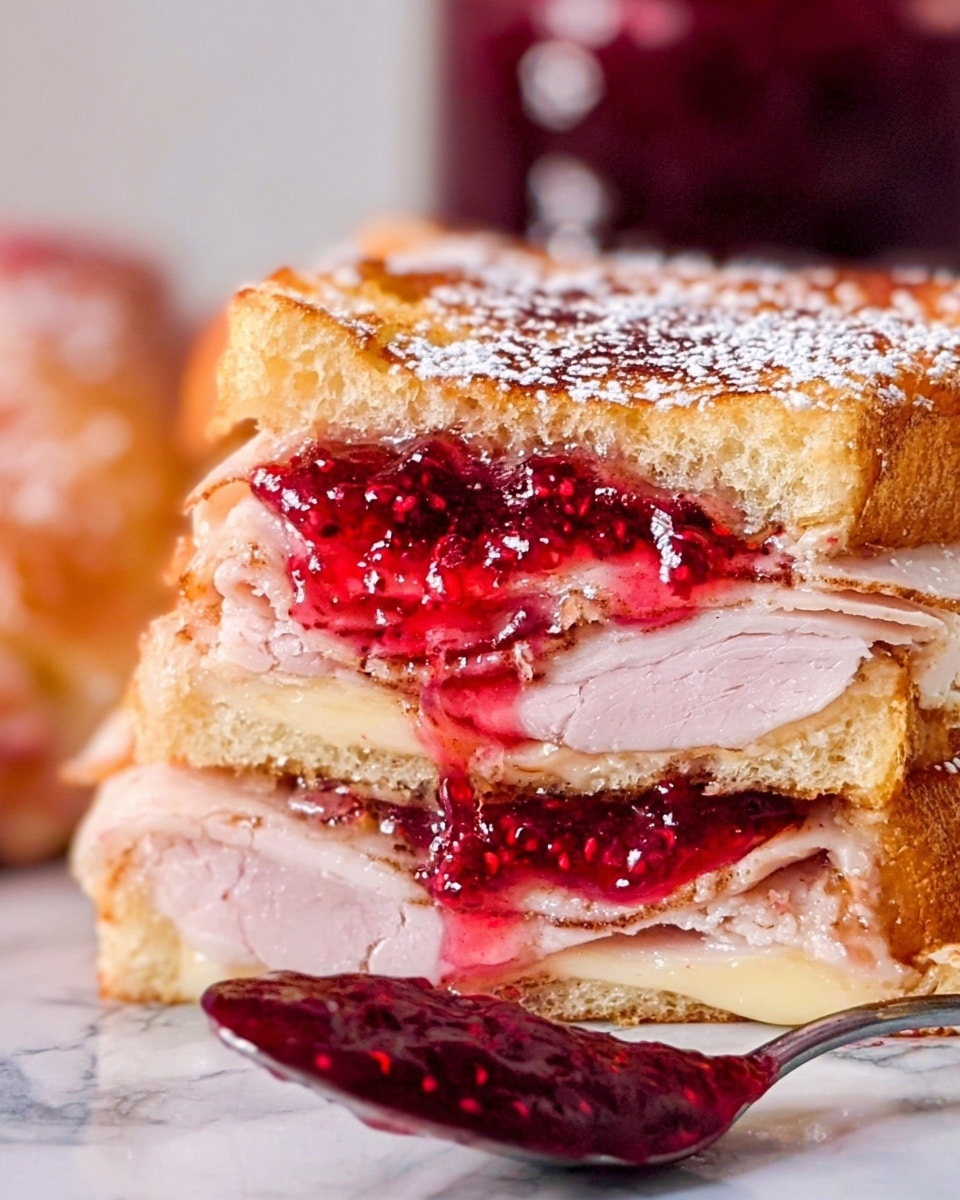 The image shows a close-up of a sandwich cut in half, revealing three layers inside: a golden-brown toasted bread on top and bottom, thinly sliced pink turkey meat in the middle layer, and a layer of creamy light yellow cheese at the bottom. On top of the sandwich is a generous spread of shiny, red raspberry jam with visible seeds, some of which drips down the side. The sandwich is lightly dusted with white powdered sugar. It rests on a white marbled surface, and a spoon with more raspberry jam is partially visible at the bottom right corner. In the background, a jar filled with the same red jam is blurred. photo taken with an iphone --ar 4:5 --v 7