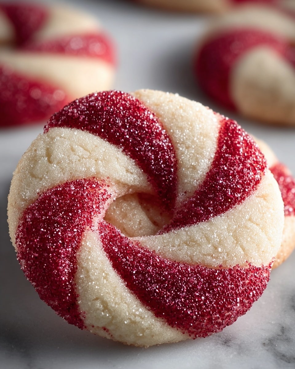 The image shows a close-up of a round cookie with a twisted design, featuring two layers swirled around each other. One layer is a soft white color with a slightly grainy texture from sugar crystals, while the other layer is a deep red, also covered in sparkling sugar granules. The cookie has a smooth surface with visible fine sugar sprinkles, giving it a frosted look. The background is a white marbled texture with a soft focus, holding a few similar cookies scattered around. Photo taken with an iphone --ar 4:5 --v 7