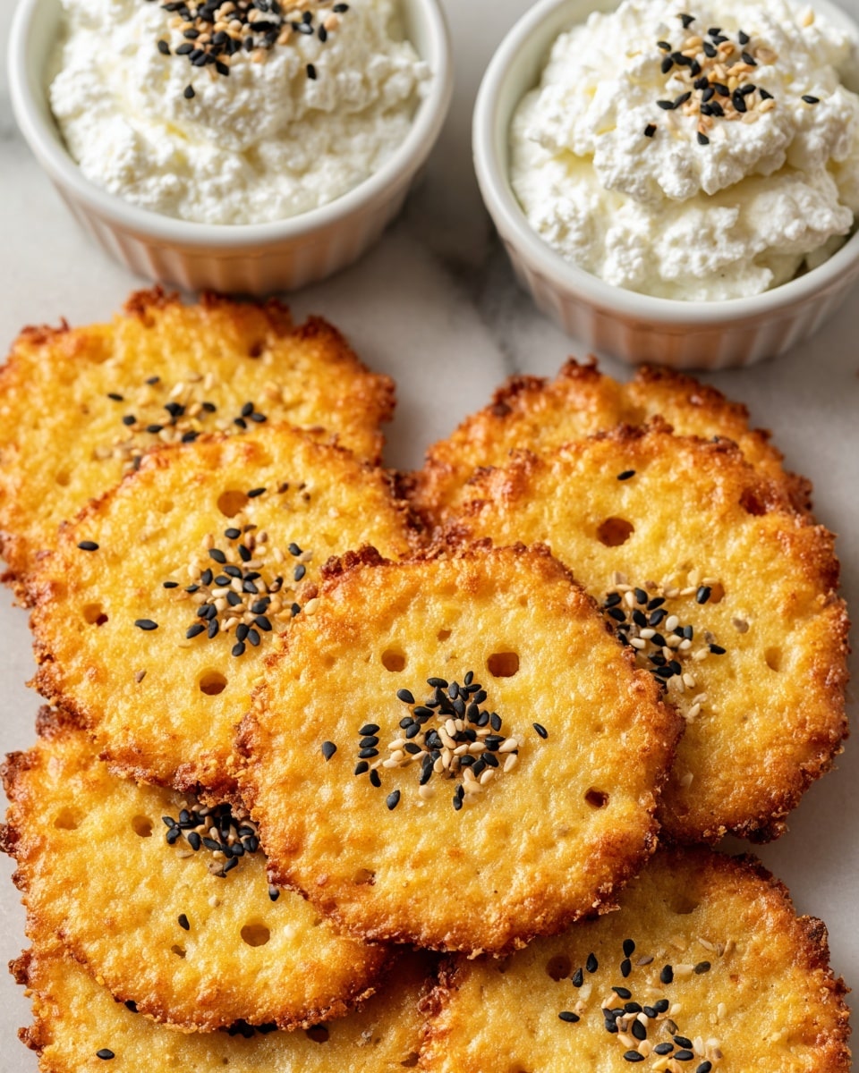 A close-up of a group of seven golden brown che crispy cheese crackers, each round with bubbly, uneven edges and small holes on the surface. The crackers are topped with scattered black and white sesame seeds that add texture and contrast. Two white ramekins filled with soft, fluffy white ricotta cheese sit above the crackers on a white marbled surface. The overall look is warm and inviting, showing a mix of crunchy and creamy textures close together. photo taken with an iphone --ar 4:5 --v 7