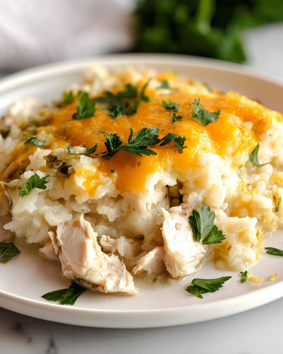 A close-up of a white plate with a single serving of creamy chicken casserole. The bottom layer is a soft, white rice mixed with herbs, topped with chunks of tender white chicken meat. Above the chicken, there is a layer of melted golden-yellow cheese, slightly browned in places. Fresh green parsley leaves are scattered on top, adding a pop of color and freshness. The plate sits on a white marbled surface, creating a clean, bright backdrop. photo taken with an iphone --ar 4:5 --v 7