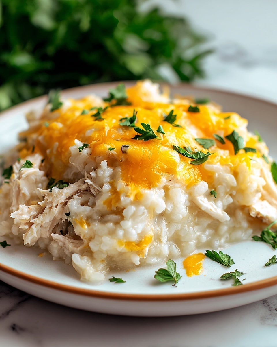 This dish shows a close-up of a creamy chicken casserole served on a white plate with a thin brown rim. The bottom layer is shredded, tender, white chicken meat, covered with a thick, soft layer of white rice mixed with a creamy sauce. On top, there is a melted golden-yellow layer of cheddar cheese, slightly browned and bubbly. Small bright green pieces of chopped parsley are scattered on the cheese and around the plate for decoration. The plate sits on a white marbled surface, with blurred green leafy garnish in the background. photo taken with an iphone --ar 4:5 --v 7
