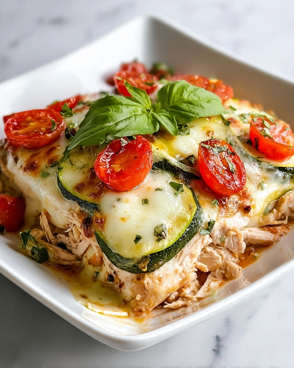 This dish is served in a white square bowl placed on a white marbled surface. It has three main layers, starting with shredded cooked chicken at the bottom which is light brown and slightly textured. Above this, there is a layer of green zucchini slices that are cooked but still firm. The top layer is melted white cheese, smooth and slightly browned in spots, decorated with bright red cherry tomato halves and sprinkled with small bits of green herbs. A fresh green basil leaf is placed at the center of the dish for garnish. Photo taken with an iphone --ar 4:5 --v 7