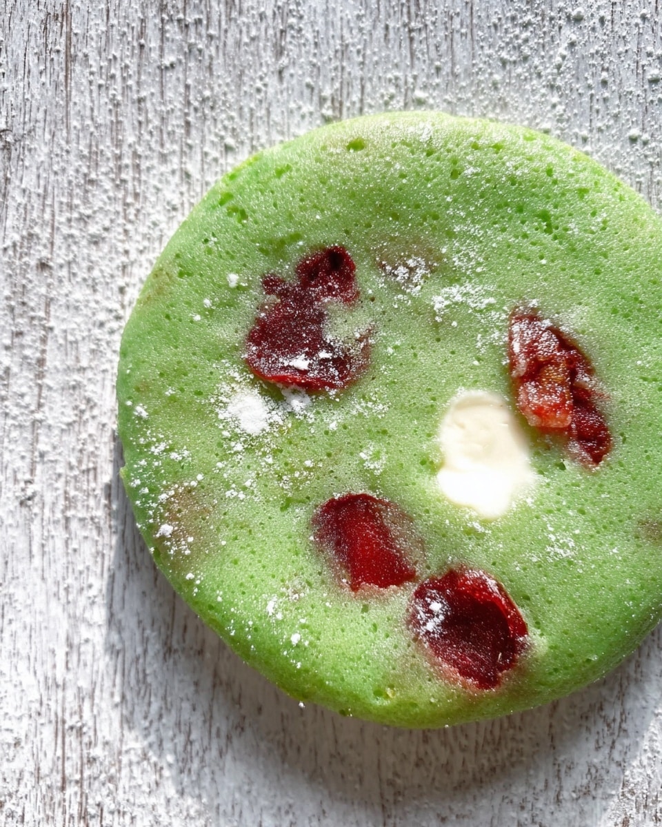 A close-up view of a single round green pancake with a soft, slightly spongy texture. The pancake has three visible pieces of red fruit embedded near the center and right edge, with one small white spot near the center that looks like a melting butter or cream. The surface is sprinkled with a light dusting of white powder, resembling sugar or flour. The pancake rests on a textured surface that has been changed to a white marbled texture. photo taken with an iphone --ar 4:5 --v 7