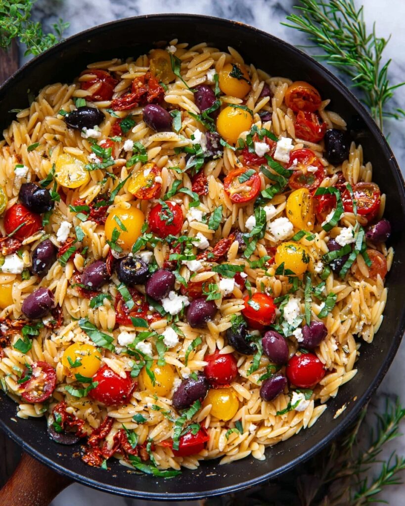 Greek Orzo with Sun-Dried Tomatoes, Olives, and Feta Recipe