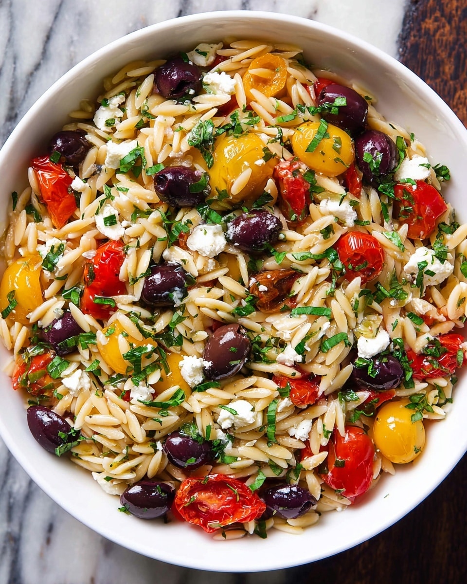 A white bowl filled with a colorful orzo pasta salad sits on a white marbled surface. The dish has a base layer of light beige orzo pasta, mixed with sliced black and green olives scattered evenly throughout. Bright red and yellow cherry tomatoes, some halved, add pops of color alongside small white crumbles of feta cheese. Fresh green chopped basil is sprinkled on top, giving a fresh appearance. The ingredients are mixed together, showing a mix of textures from soft pasta and cheese to firm olives and juicy tomatoes. Photo taken with an iphone --ar 4:5 --v 7