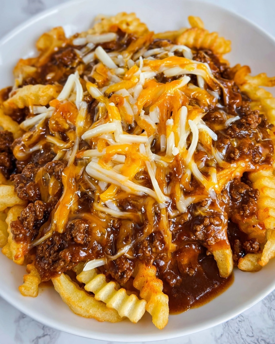 A close-up view of a white plate with a single layer of golden crinkle-cut fries at the bottom, topped with a thick layer of cooked ground beef in dark brown color and a rich brown gravy covering most of the beef and fries, creating a glossy effect. On top, there is a mix of melted shredded cheese in white and orange shades, slightly stringy and scattered unevenly, blending into the gravy. The surface beneath the plate is a white marbled texture. photo taken with an iphone --ar 4:5 --v 7