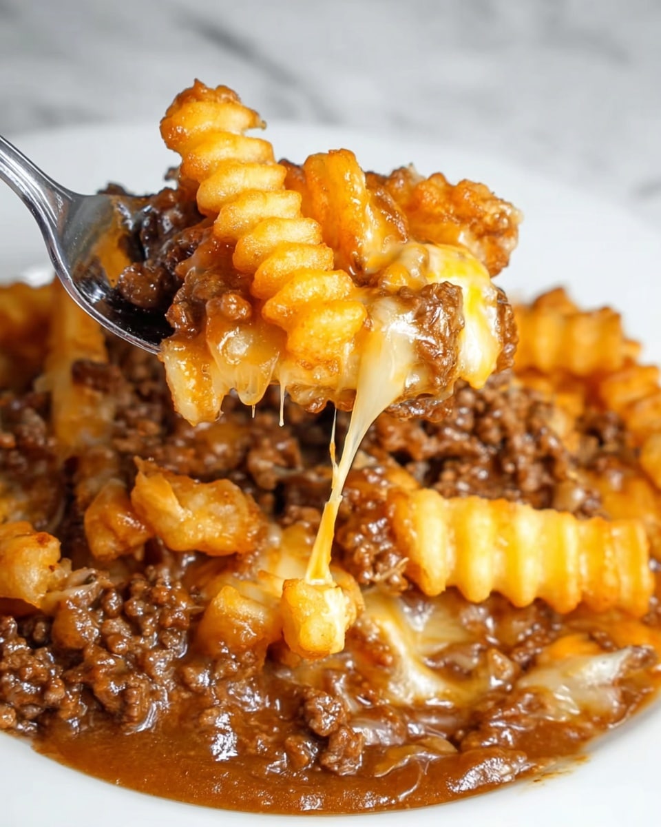 The image shows a close-up of a dish with three main layers on a white plate. The bottom layer is a smooth, shiny brown sauce that spreads across the plate. On top of this sauce is a layer of crispy, golden-brown crinkle-cut fries with a slightly rough texture. The top layer is ground beef mixed with melted cheese, which is stringy and light yellow in color, holding the ingredients together. A spoon holds a portion of this dish, lifting some fries covered with sauce and bits of the ground beef and cheese from the plate. The background is a white marbled texture. photo taken with an iphone --ar 4:5 --v 7