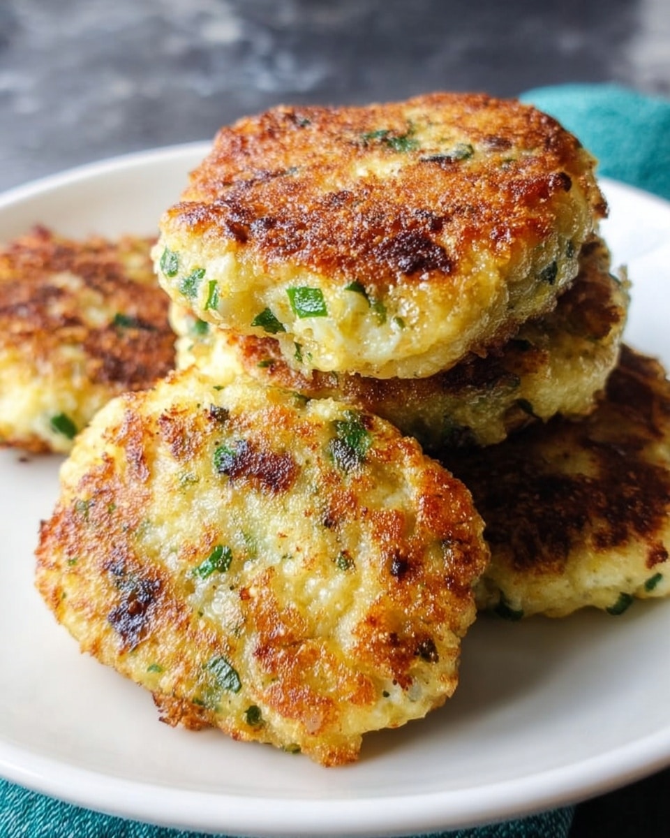 Four round fritters with a golden brown, crispy top layer showing small bits of green herbs and darker spots, are stacked in a slightly piled way on a white plate with a clean edge. Each fritter looks thick and textured, with a rough surface that shows bits of cheese or vegetables inside. The background is a white marbled surface. photo taken with an iphone --ar 4:5 --v 7