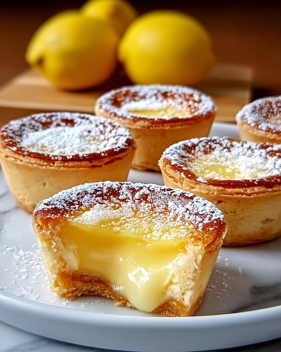 The image shows a white plate with five small tarts arranged with one tart in the front and center, which has a bite taken out of it, revealing a thick, smooth yellow custard filling inside a light brown crust. The tarts have a golden-brown top dusted with white powdered sugar. In the background, there are two blurred yellow lemons placed on a wooden surface. The whole scene sits on a white marbled texture. photo taken with an iphone --ar 4:5 --v 7