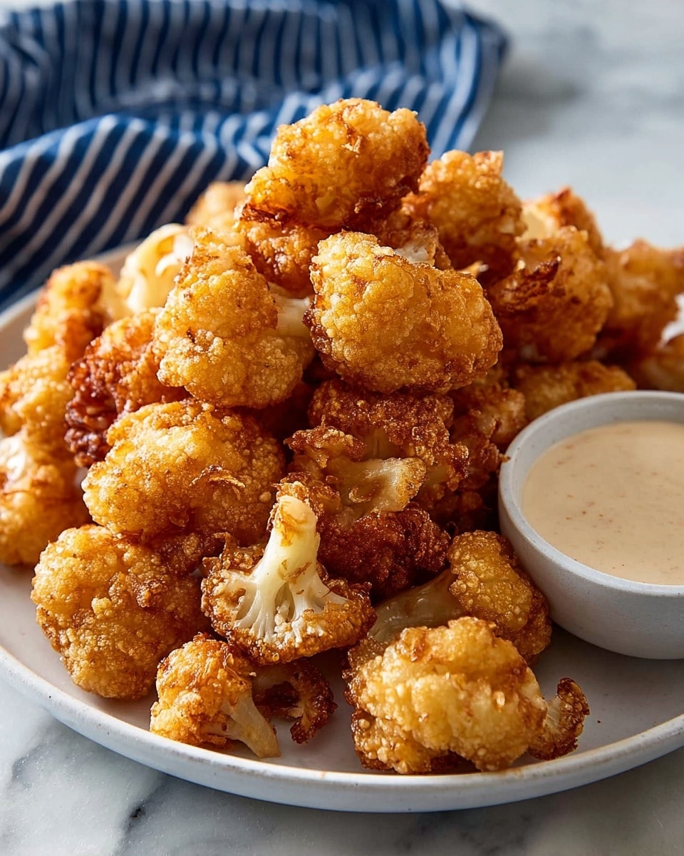 A white plate holds a large pile of golden-brown, crispy fried cauliflower pieces stacked closely together showing their bumpy, crunchy texture. To the back right of the plate, there is a small white bowl filled with a creamy, pale beige dipping sauce that looks smooth and thick. The plate is set on a white marbled surface, and part of a blue cloth with white stripes is visible in the blurred background. Photo taken with an iphone --ar 4:5 --v 7