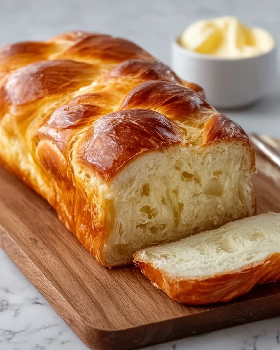 The image shows a shiny, golden-brown loaf of braided bread placed on a wooden cutting board. The bread has a glossy surface with a pattern of overlapping layers from the braid, and the inside reveals soft, light cream-colored fluffy bread with visible air pockets. In the background, there is a small white bowl filled with creamy butter by the side of the board. The whole scene is set on a white marbled textured surface. photo taken with an iphone --ar 4:5 --v 7