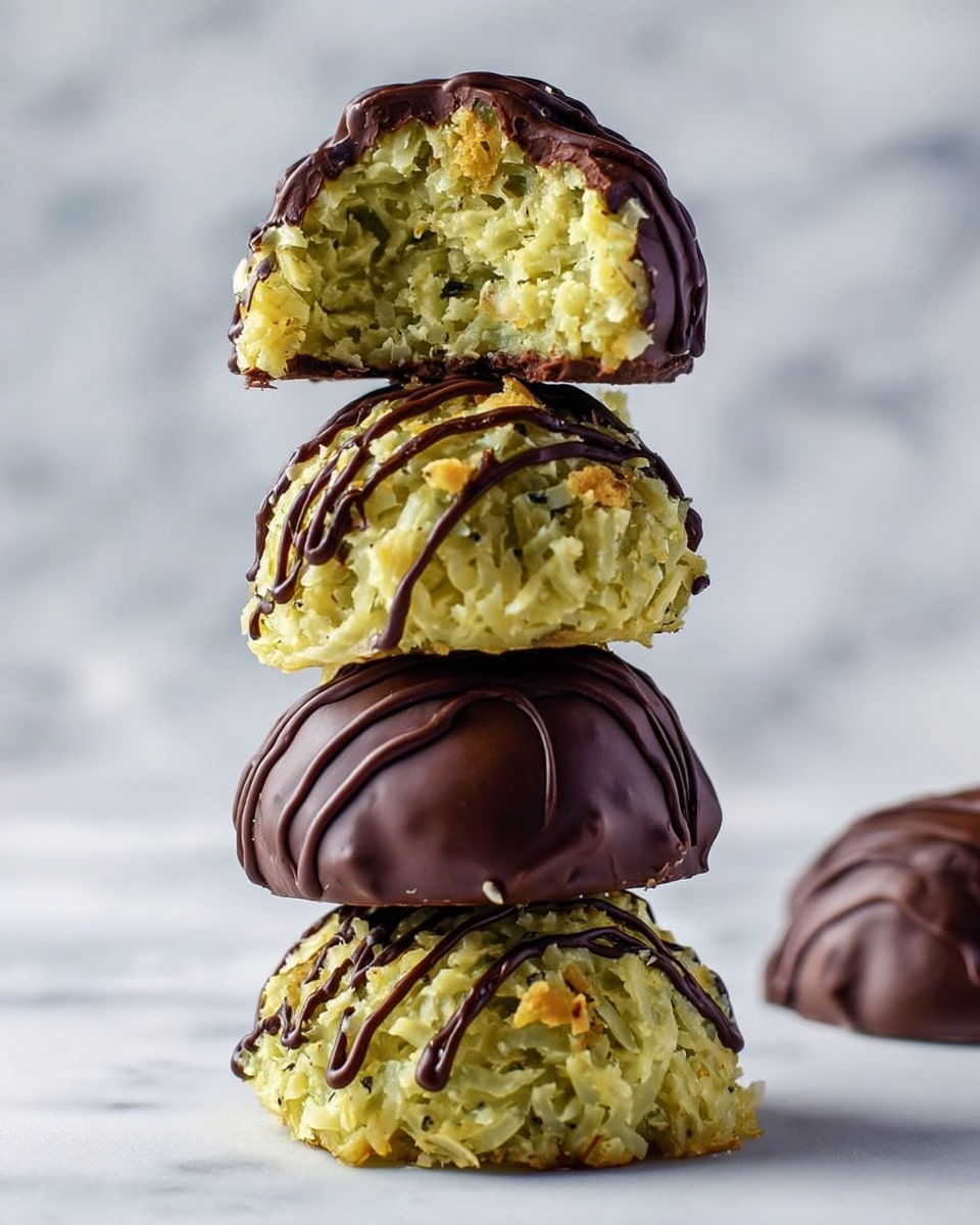 Four dome-shaped coconut treats are stacked vertically on a white marbled surface. Each treat has three visible layers: the bottom layer is a thick, textured dark chocolate coating that covers half the dome, the middle layer consists of a yellowish-green shredded coconut mix with a rough texture forming the main body, and the top layer features thin drizzles of dark chocolate lines that curve naturally around the surface. The top treat is cut in half, showing the fibrous coconut inside which is tightly packed and dense with a few small golden pieces mixed in. The background is softly out of focus with a smooth white marbled texture. Photo taken with an iphone --ar 4:5 --v 7