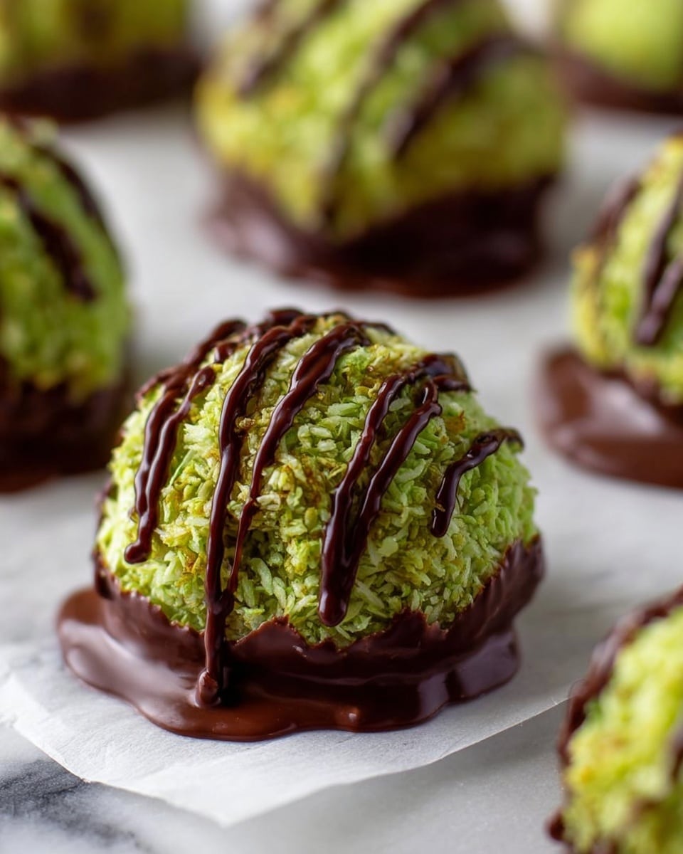 The image shows a close-up of a round green coconut ball that is coated with a rough textured green layer made of shredded coconut. The bottom part of the ball is dipped in smooth dark brown chocolate, while uneven dark brown chocolate drips in thin lines over the top and sides. The ball rests on white paper on a white marbled surface, with other similar balls blurred in the background. The green color is bright and slightly shiny, and the chocolate looks glossy and smooth. photo taken with an iphone --ar 4:5 --v 7