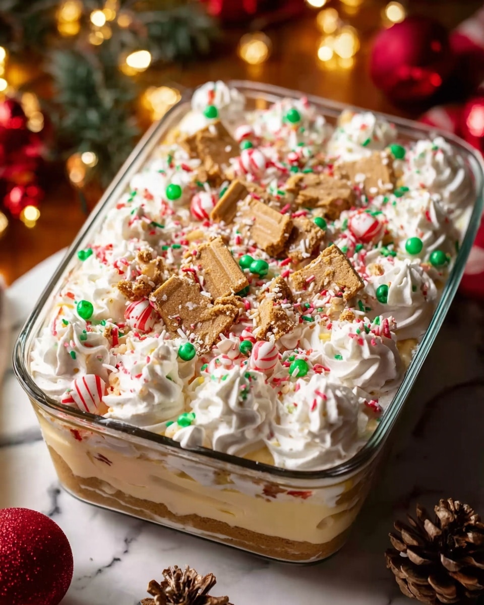 A clear glass rectangular dish filled with a festive dessert featuring multiple layers; the bottom is smooth and creamy with a pale beige color, topped with a thick layer of white whipped cream piped into small swirls around the edges and center; scattered over the whipped cream are broken pieces of light brown gingerbread cookies, red and white striped candy cane slices, green and red round sprinkles, and small multicolored sprinkle strands; the dessert is placed on a white marbled surface surrounded by blurred Christmas decorations including pine cones and red ornaments, with warm fairy lights adding a cozy glow. Photo taken with an iphone --ar 4:5 --v 7