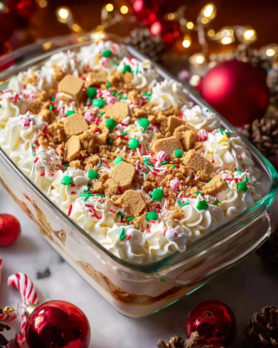 The image shows a clear glass rectangular dish filled with a festive layered dessert. The bottom layer is not visible, but the top is covered with fluffy white whipped cream, piped in swirls around the edges. Scattered on top are broken crunchy pieces of light brown gingerbread cookies, green and red round candy sprinkles, tiny red, green, and white candy cane pieces, and colorful long sprinkles. The dish sits on a white marbled surface surrounded by Christmas decorations like red shiny baubles, pine cones, and twinkling lights. Photo taken with an iphone --ar 4:5 --v 7
