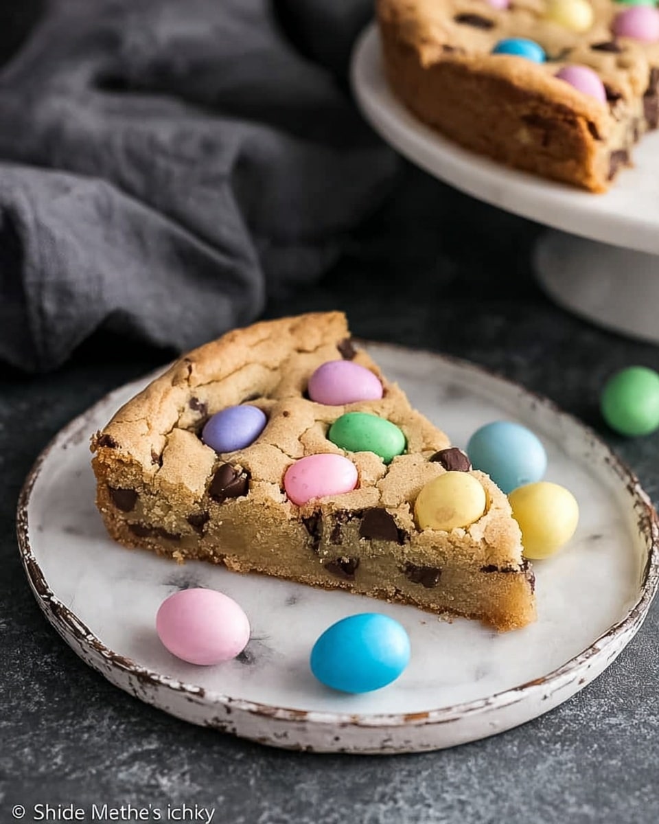 A thick slice of a golden-brown cookie bar sits on a white plate with a slightly worn edge, placed on a white marbled surface. The cookie bar has a soft and crumbly texture with visible chocolate chips and is decorated with pastel-colored candy eggs in pink, blue, green, yellow, and purple embedded on the top and lying next to the slice on the plate. The cookie bar is triangular, with a slightly raised edge showing its thickness. In the background, a dark gray cloth and a dark wall create contrast with the bright colors of the candy eggs. Photo taken with an iphone --ar 4:5 --v 7