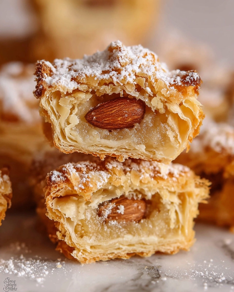 The image shows a close-up of small pastries stacked on a white marbled surface. Each pastry has three visible layers: the bottom and sides are made of light golden, flaky puff pastry with clear, thin crispy layers; the middle layer is a thick, moist almond filling of a slightly darker golden color; the top is covered with a crumbly, pale yellow streusel and a whole almond in the center, dusted with white powdered sugar. The texture looks soft inside with crunchy and flaky outside layers. Photo taken with an iphone --ar 4:5 --v 7