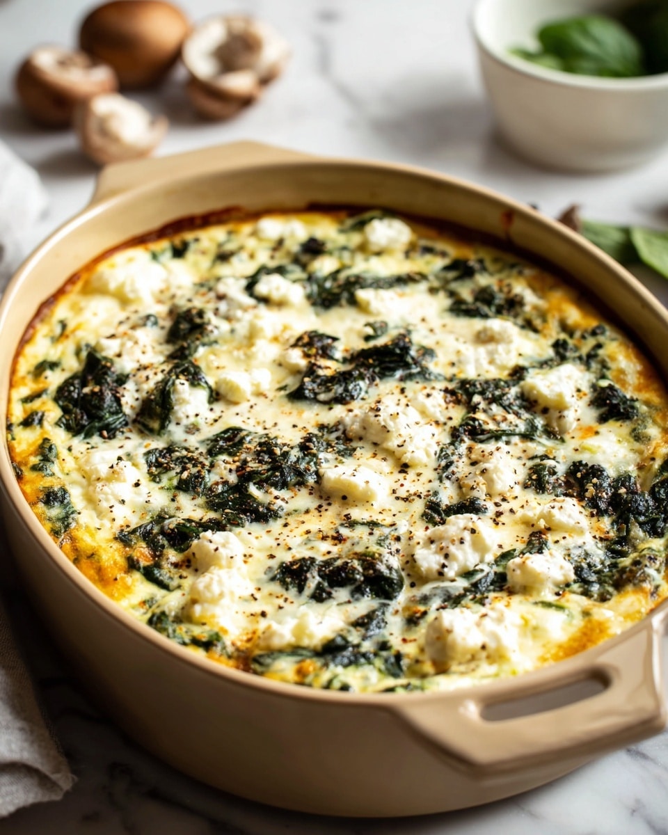 A baked casserole in a beige ceramic dish, showing a creamy white base layer with melted cheese. On top, dark green spinach leaves are scattered evenly, mixed with chunks of soft white cheese. The surface is speckled with coarse black pepper. The dish is on a white marbled countertop, with a small white bowl and some spinach and mushrooms blurred in the background. photo taken with an iphone --ar 4:5 --v 7