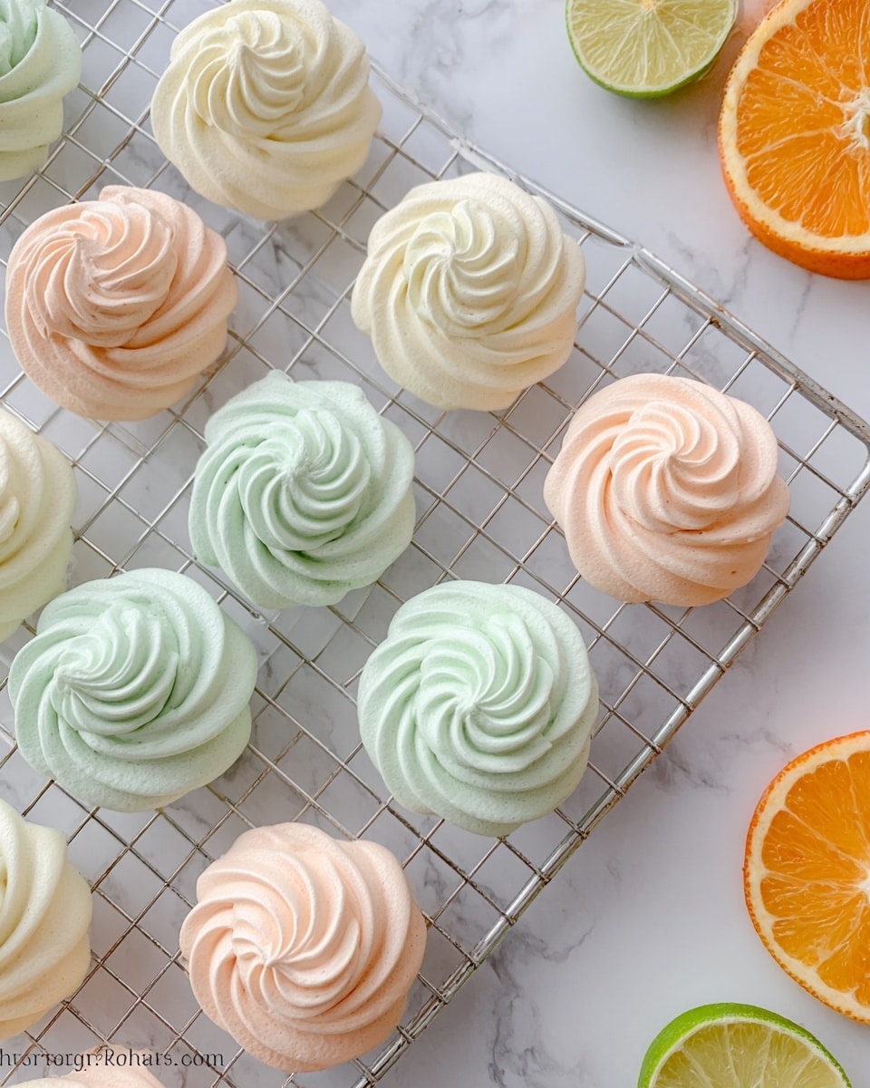 The image shows a white wire cooling rack filled with small, swirled meringue cookies in three colors: soft white, pale peach, and light green, arranged randomly on the rack. Each meringue has a smooth, airy texture with delicate, defined ridges spiraling from the center to the edges, creating a rose-like shape. In the top right corner, there are slices of orange, lime, and lemon partially visible, resting on a white marbled surface, adding a fresh, citrus theme to the scene. The overall look is bright, light, and colorful, with a soft natural light highlighting the gentle details of the meringues. photo taken with an iphone --ar 4:5 --v 7