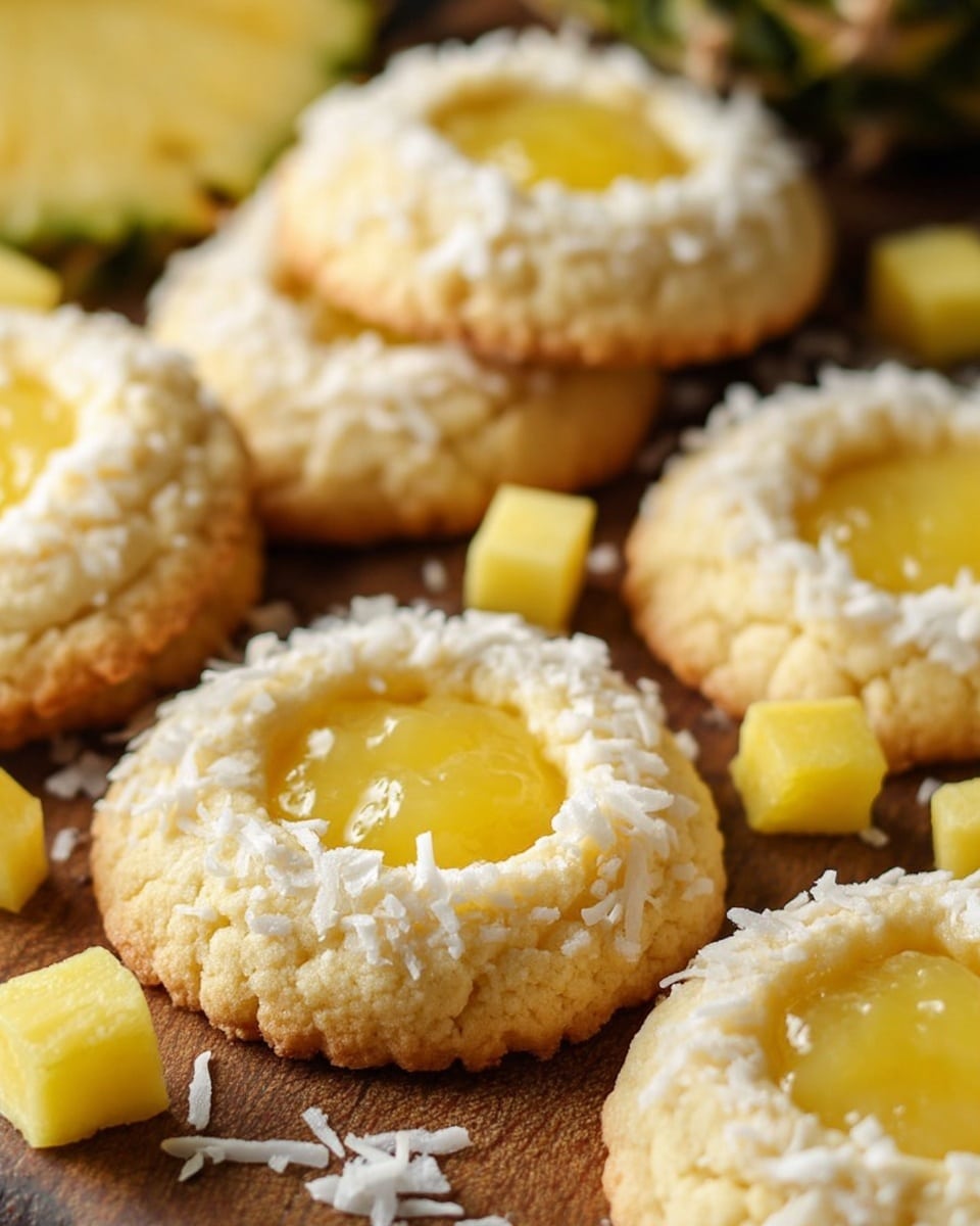 The image shows several round cookies with a soft, light golden base that looks crumbly and slightly rough in texture. Each cookie has a thick ring around the edge, dusted with white shredded coconut flakes, and a smooth, glossy yellow filling in the center resembling pineapple jam. Small cubes of fresh yellow pineapple are scattered among the cookies on a wooden surface, with a partially visible pineapple in the background. The scene is close-up, showing the texture and color details vividly. photo taken with an iphone --ar 4:5 --v 7