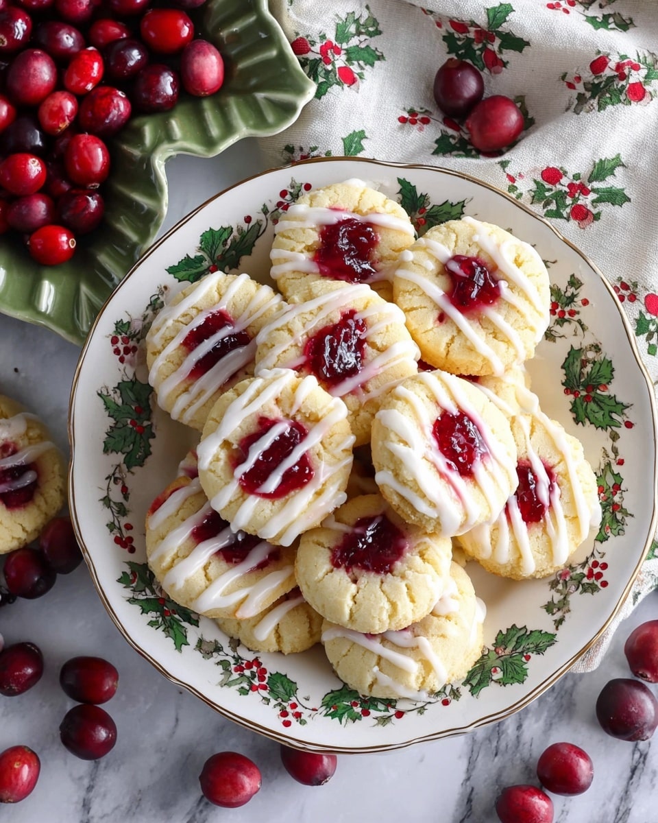A white plate with a green holly leaf and red berry pattern is filled with many round cookies, each with a slightly crumbly pale yellow base and a small red cranberry in the center. The center cranberry layer is shiny and juicy with a bit of red syrup spreading out. On top of each cookie, there are thin white icing stripes drizzled evenly. Around the plate and scattered on the white marbled surface are whole red cranberries. In the background, there is a green leaf shaped dish holding more cookies and cranberries on a white cloth with holly prints. Photo taken with an iphone --ar 4:5 --v 7