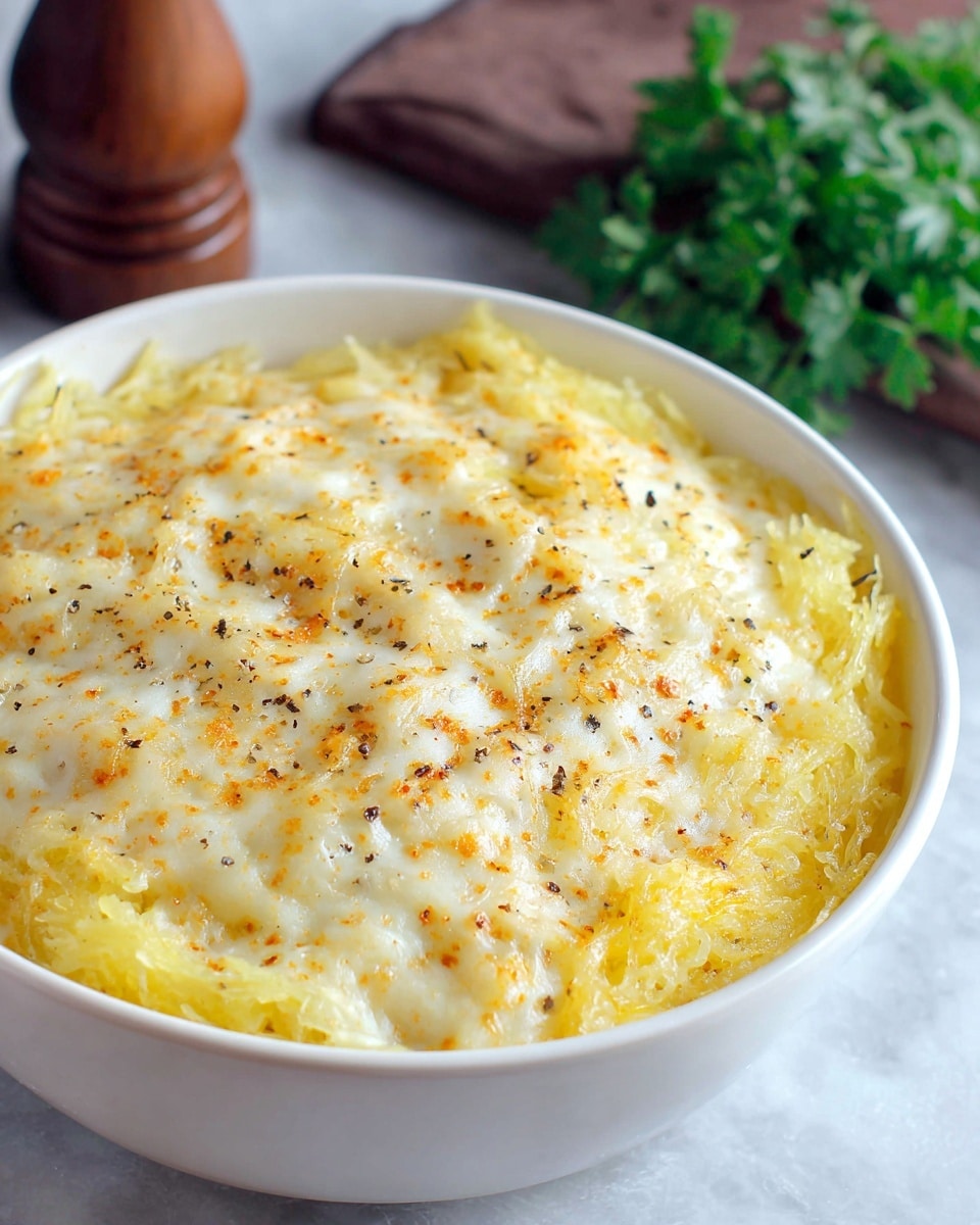 A round white ceramic dish filled with a thick layer of baked spaghetti squash, pale yellow in color with soft, stringy texture. The surface is topped evenly with melted cheese that is creamy white with spots of light golden brown, showing a slightly crispy texture. There are small specks of black pepper and a fine dusting of light orange seasoning scattered across the top. The dish sits on a white marbled textured surface with a bunch of green parsley leaves and a pepper grinder blurred in the background. Photo taken with an iphone --ar 4:5 --v 7