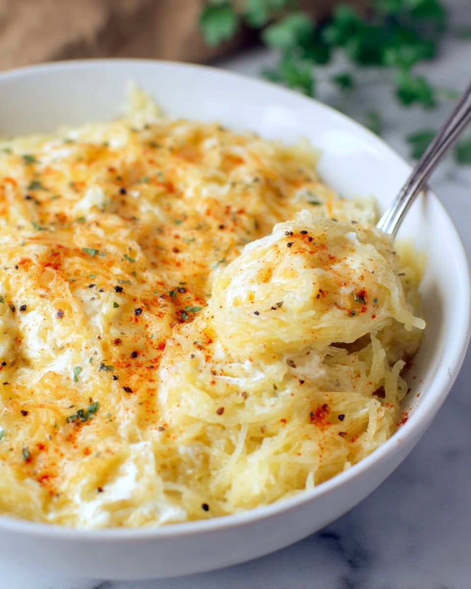 A close-up view of a white bowl filled with creamy, cheesy spaghetti squash. The dish has several soft, pale yellow layers of spaghetti squash strands mixed with melted cheese that is smooth and slightly browned with a golden-orange tint from baked cheese on top. There are small black pepper sprinkles and reddish seasoning scattered over the cheese, adding texture and color contrast. A silver spoon is scooping some of the cheesy squash from the right side of the bowl, resting against the white marbled texture surface with small green leaves blurred in the background. Photo taken with an iphone --ar 4:5 --v 7