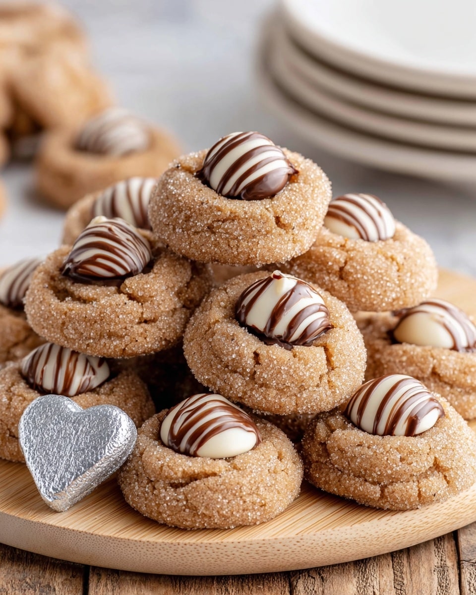 A pile of round cookies with a light brown, coarse sugar crystal coating that gives them a rough, sparkly texture, each cookie featuring a single white chocolate kiss striped with dark chocolate in the center, sitting closely together on a light wooden board with a silver-foiled chocolate kiss placed in front, all set against a white marbled surface background with a stack of white plates blurred in the back. photo taken with an iphone --ar 4:5 --v 7